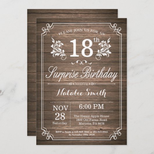 驚き素朴18番目の誕生日招待状フローラ 招待状 (正面/裏面)