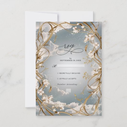 驚くべきアールヌーボー金ゴールドと結婚花模様 出欠カード (正面)