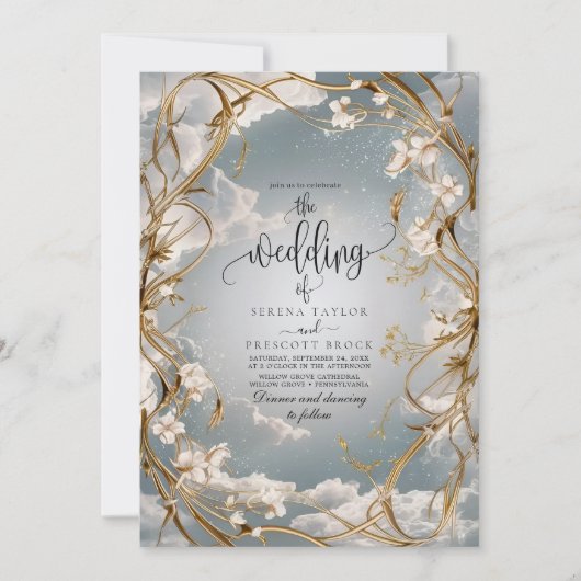 驚くべきアールヌーボー金ゴールドと結婚花模様 招待状 (正面)