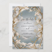 驚くべきアールヌーボー金ゴールド花模様は日付を保存 招待状 (正面)