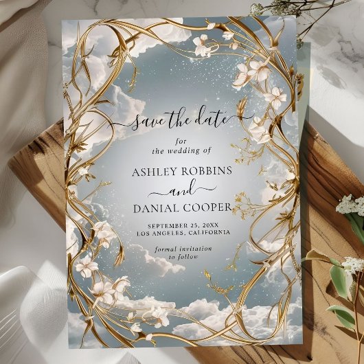 驚くべきアールヌーボー金ゴールド花模様は日付を保存 招待状