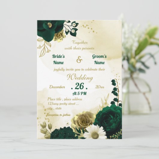 驚くべきエメラルドグリーンアイボリー金ゴールド結婚の花 招待状 (スタンド正面)