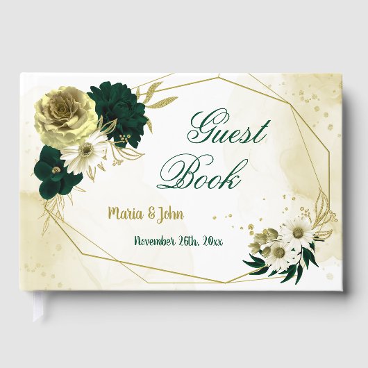 驚くべきエメラルドグリーンアイボリー金ゴールド花ジオメトリック ゲストブック (正面)
