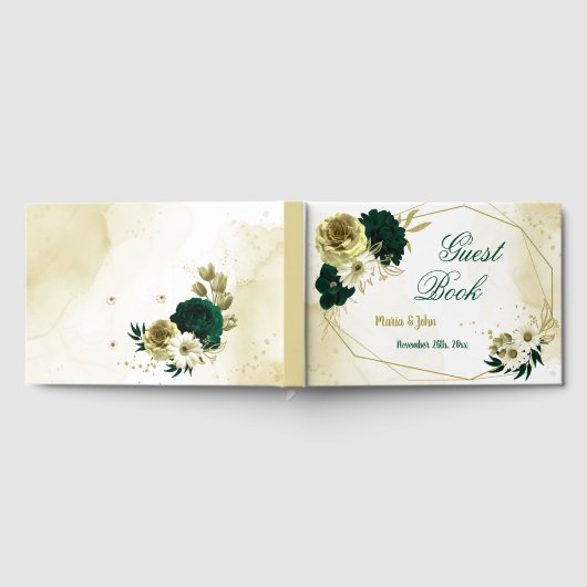 驚くべきエメラルドグリーンアイボリー金ゴールド花ジオメトリック ゲストブック (全面)