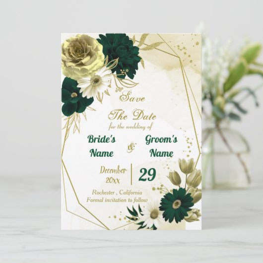 驚くべきエメラルドグリーンアイボリー金ゴールド花ジオメトリック セーブザデート (スタンド正面)