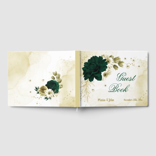 驚くべきエメラルドグリーンアイボリー金ゴールド花 ゲストブック (全面)