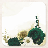 驚くべきエメラルドグリーンアイボリー金ゴールド花 スクエアペーパーコースター (正面)