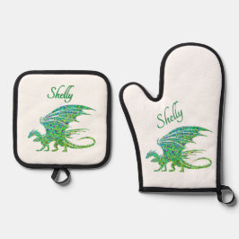 驚くべきモザイクグリーンドラゴンパーソナル 鍋つかみ&鍋敷きセット