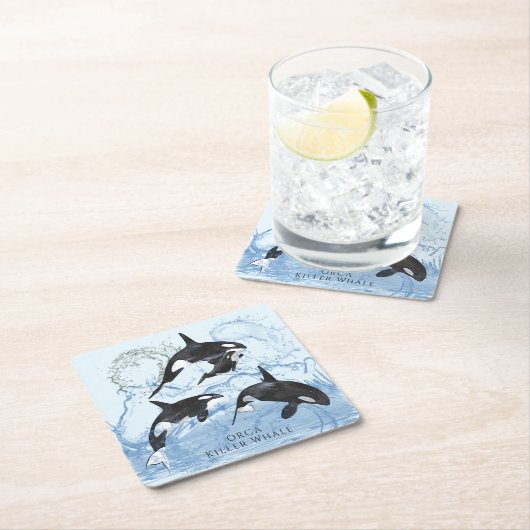 驚くべき白黒の水色のOrcas スクエアペーパーコースター (インサイチュ)