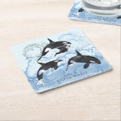 驚くべき白黒の水色のOrcas スクエアペーパーコースター (アングル)