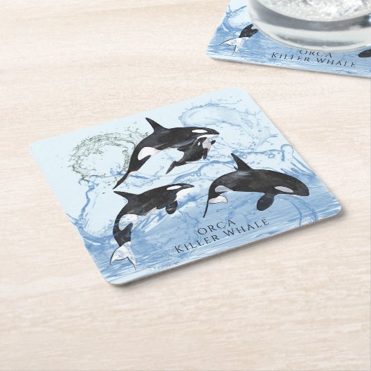 驚くべき白黒の水色のOrcas スクエアペーパーコースター (アングル)