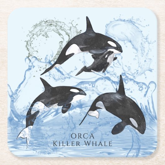 驚くべき白黒の水色のOrcas スクエアペーパーコースター (正面)