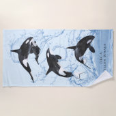 驚くべき白黒の水色のOrcas ビーチタオル (正面)