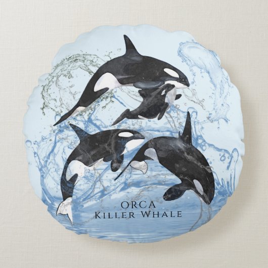 驚くべき白黒の水色のOrcas ラウンドクッション (正面)