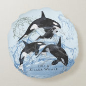驚くべき白黒の水色のOrcas ラウンドクッション (裏面)