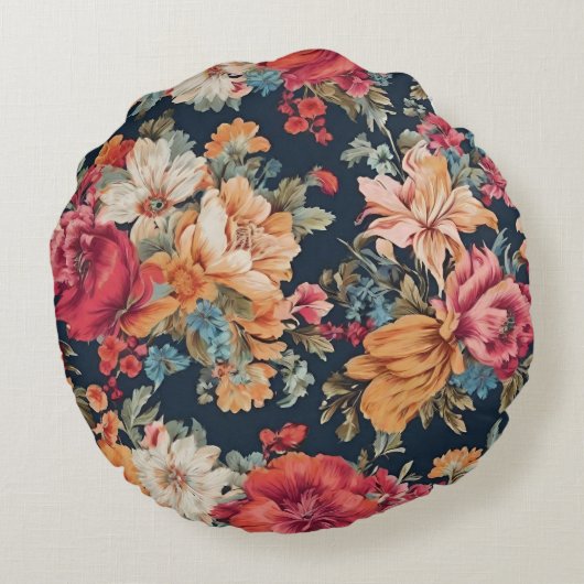 驚くべき絶妙な赤ピンクの黄色の花 ラウンドクッション (裏面)