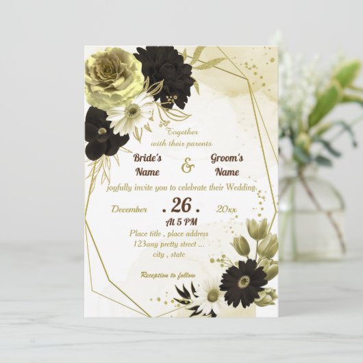 驚くべき茶色のアイボリー金ゴールドフローラ幾何結婚性 招待状 (スタンド正面)