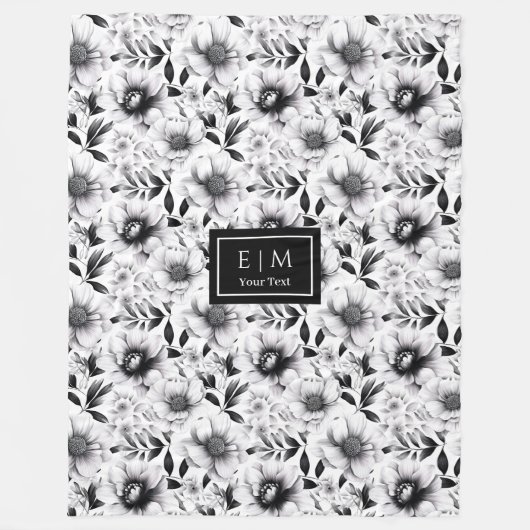 驚くべき華やかな黒と白の花の毛布 フリースブランケット (正面)