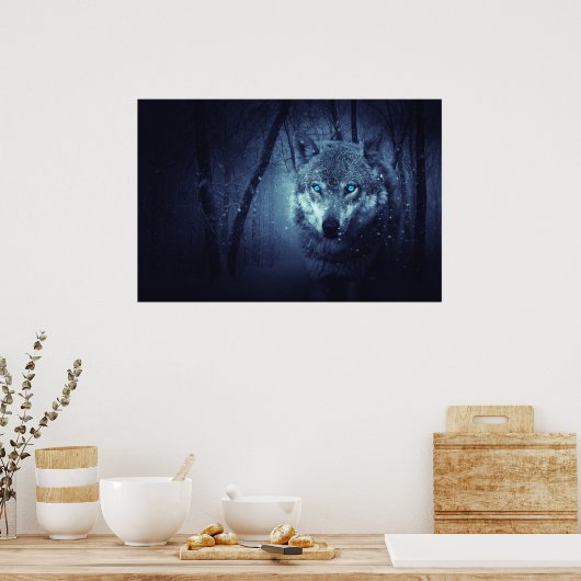 驚くべき青い目をした魔法の野生の狼 ポスター (キッチン)