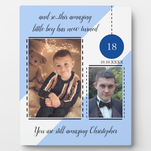 驚くべき18誕生日名の日付の青い写真 フォトプラーク (正面)
