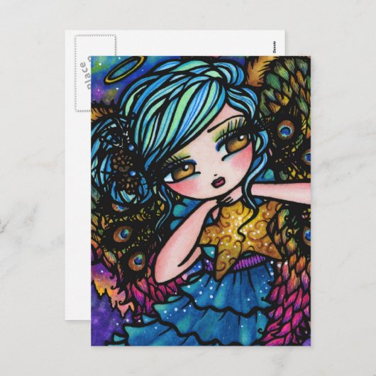 驚異の孔雀の天使のクリスマスのファンタジーの星 シーズンポストカード (正面/裏面)