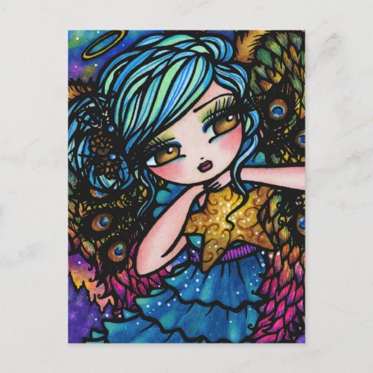 驚異の孔雀の天使のクリスマスのファンタジーの星 シーズンポストカード (正面)