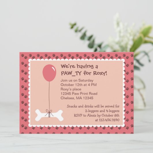 骨および気球犬の誕生日の女の子のパーティーInvitatio 招待状 (スタンド正面)