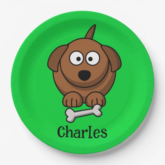 骨が緑の茶色パーソナライズされたの犬 ペーパープレート (正面)