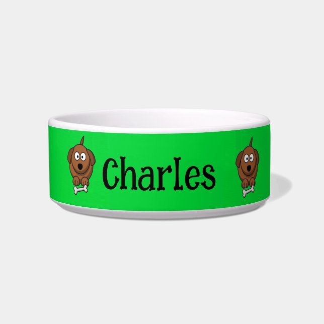 骨が緑の茶色パーソナライズされたの犬 ボウル (正面)