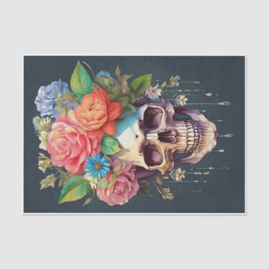 骨と開花、スカルと庭の花 薄葉紙 (正面)