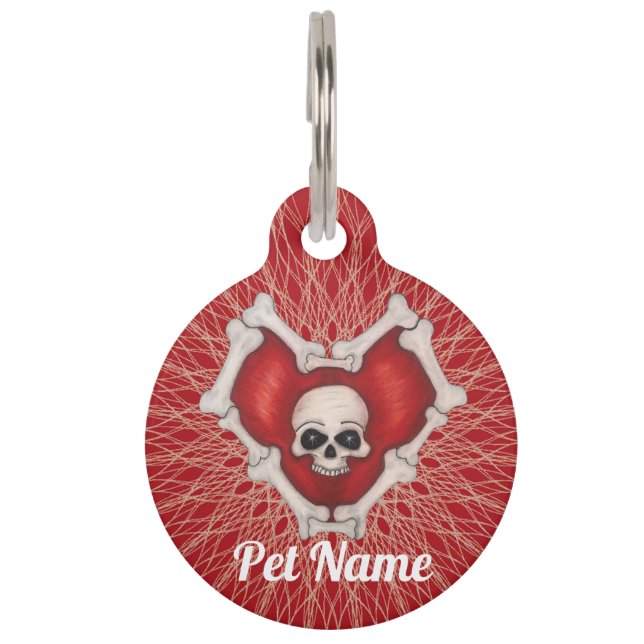 骨の不気味赤いハートスカルらせん模様 ペット　ネームタグ (正面)
