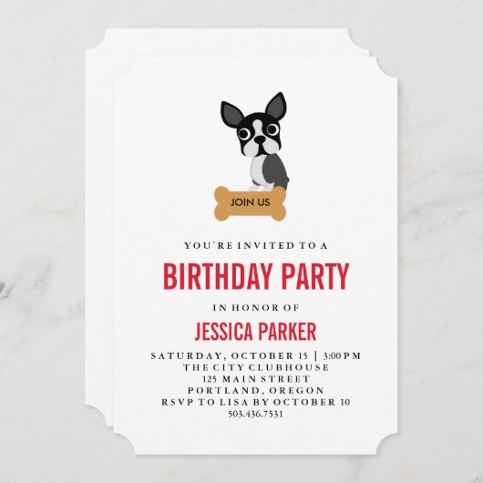 骨の誕生会が付いているボストンかわいいテリア 招待状 (正面/裏面)