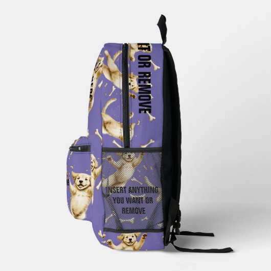 骨を追いかける文字犬と写真の丸い写真 プリントバックパック (右)