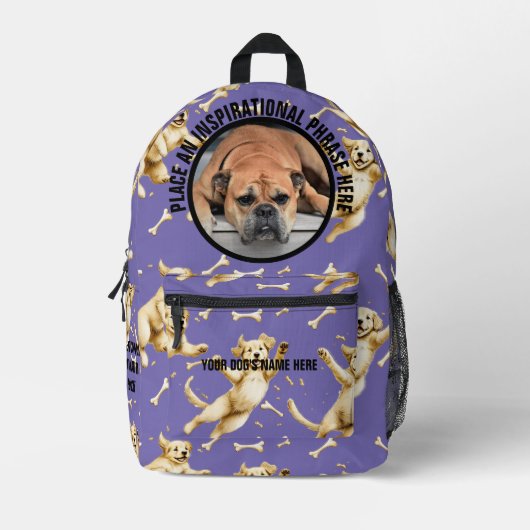 骨を追いかける文字犬と写真の丸い写真 プリントバックパック (正面)