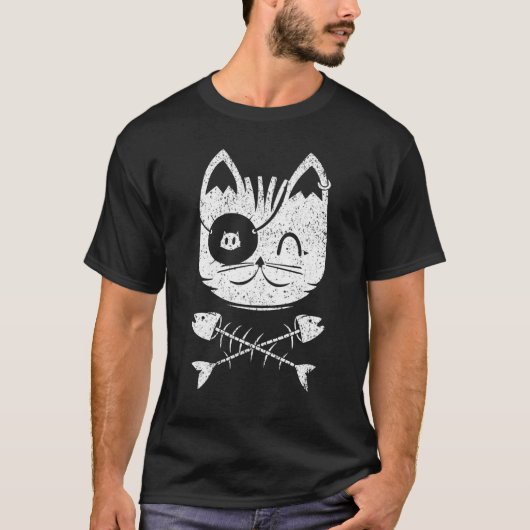 骨付き魚と猫の顔 ビンテージ猫 Tシャツ (正面)
