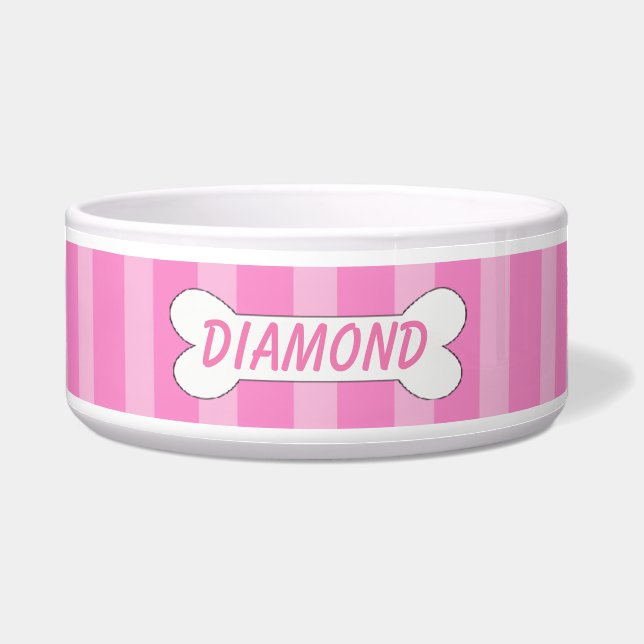 骨犬ボールが付いているライト及び暗いピンクのストライプ ボウル (正面)