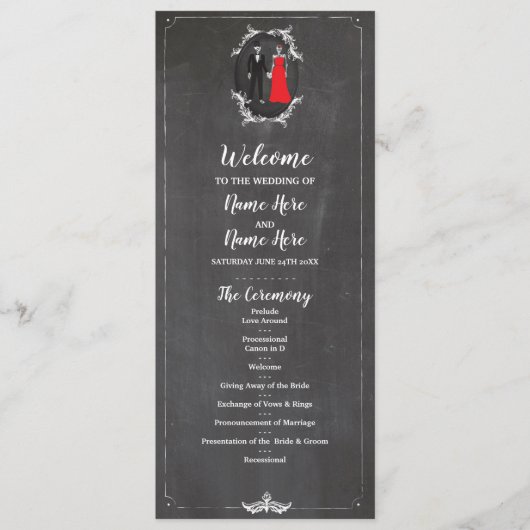 骨組スカルの結婚式プログラムのハロウィンのチョーク プログラム (正面)