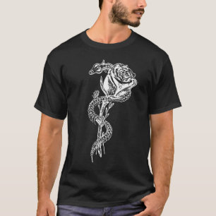 骨組ヘビおよびバラのプリント Tシャツ