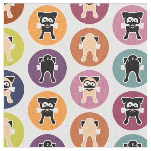 骨! 円のプリント(子鹿及び黒いパグ) ファブリック (クローズアップ)