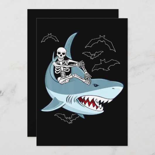 骸骨に乗るサメにおかしなハロウィーンの贈り物 サンキューカード (正面/裏面)