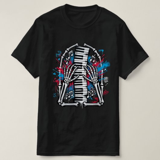 骸骨の手がピアノを弾くストリートアート Tシャツ (デザイン正面)