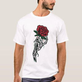 骸骨の手に赤いバラ — エッジーなバレンタイン Tシャツ