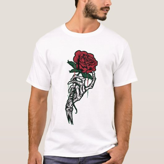 骸骨の手に赤いバラ — エッジーなバレンタイン Tシャツ (正面)