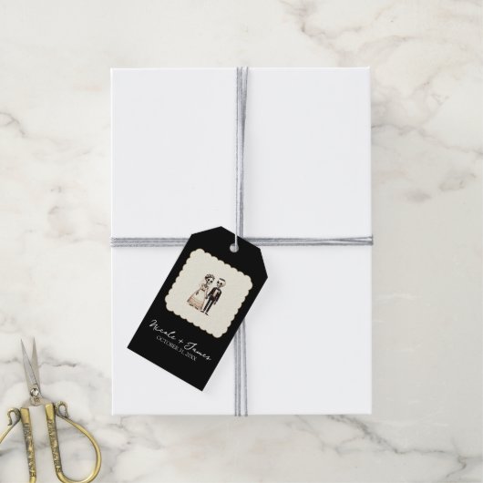 骸骨の新婦と新郎のファンシーウェディング ギフトタグ (より糸付き)