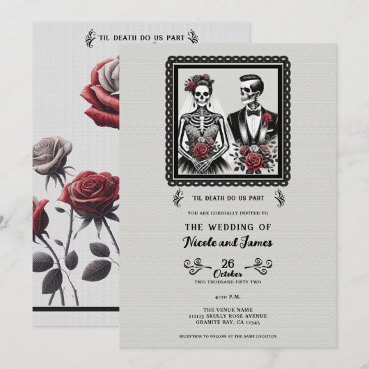 骸骨の新婦と新郎　灰色の花の結婚式 招待状 (正面/裏面)