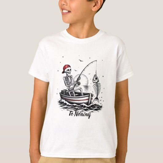 骸骨の漁師と魚の骨 Tシャツ (正面)