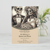 骸骨の花嫁と花婿 ベージュタンのウェディング 招待状 (スタンド正面)