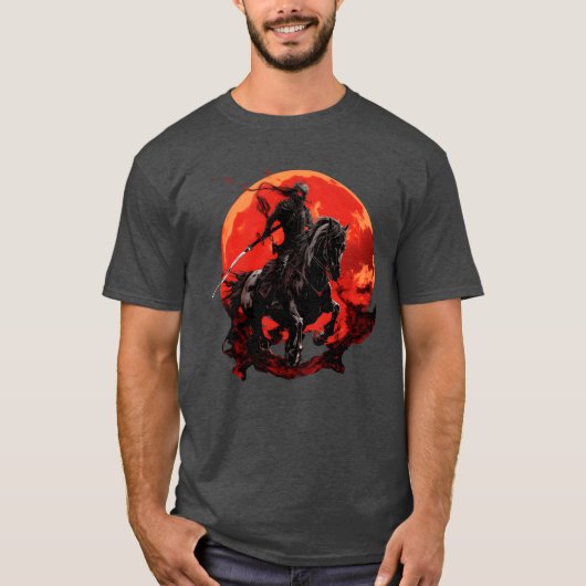 骸骨の馬 人間のスケルトン 馬に乗る 剣を構える男性 Tシャツ (正面)