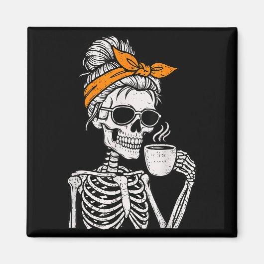 骸骨 お団子ヘア コーヒーを飲む ハロウィン 衣装 マグネット (正面)