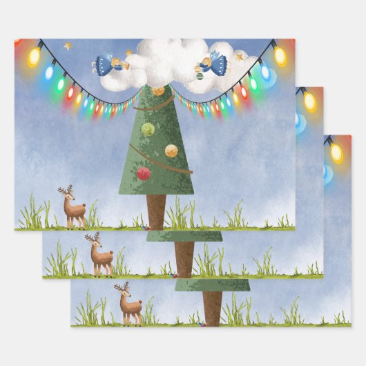 高いクリスマス飾の木の天使 ラッピングペーパーシート (セット)